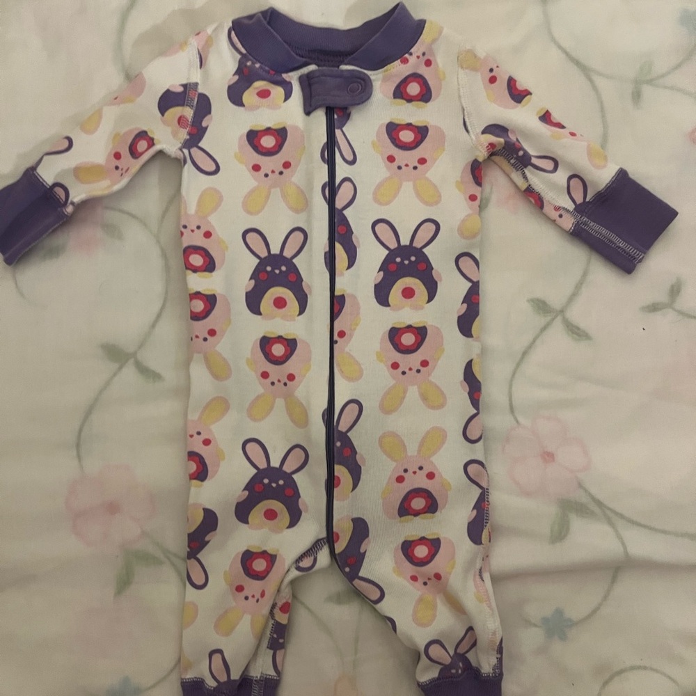 Hanna Andersson White Footed One-Piece with Purple Bunny Print